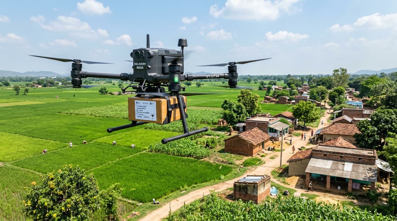 Realistic commercial quadcopter delivery drone carrying one small 1 KG parcel over a rural Indian village and farmland